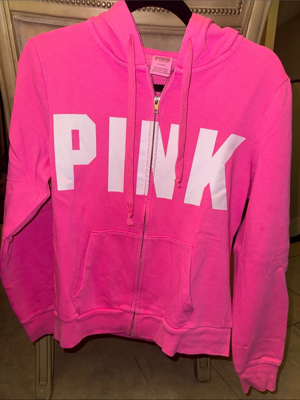 PINK Victoria's Secret Bright Pink Zip Hoodie with White Logo